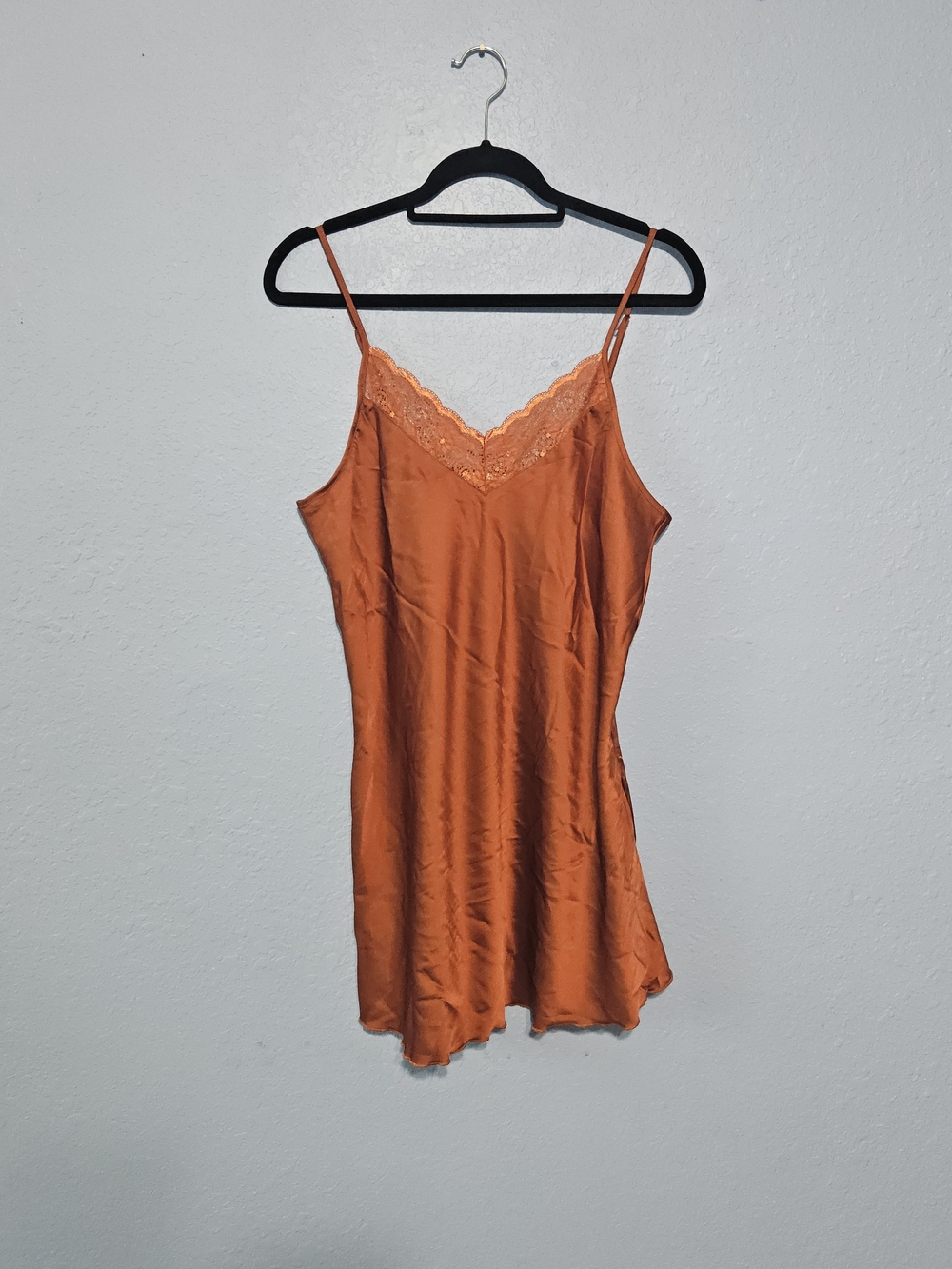Satin Lace Trim Mini Slip Dress in Burnt Orange